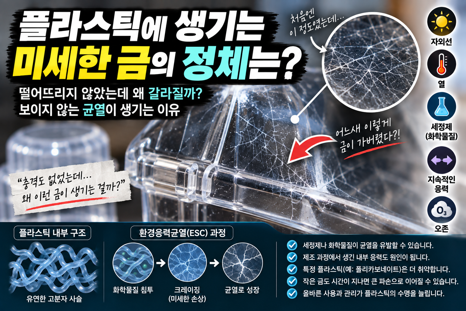 플라스틱 표면에 미세한 금이 생기는 이유: 환경응력균열의 원리